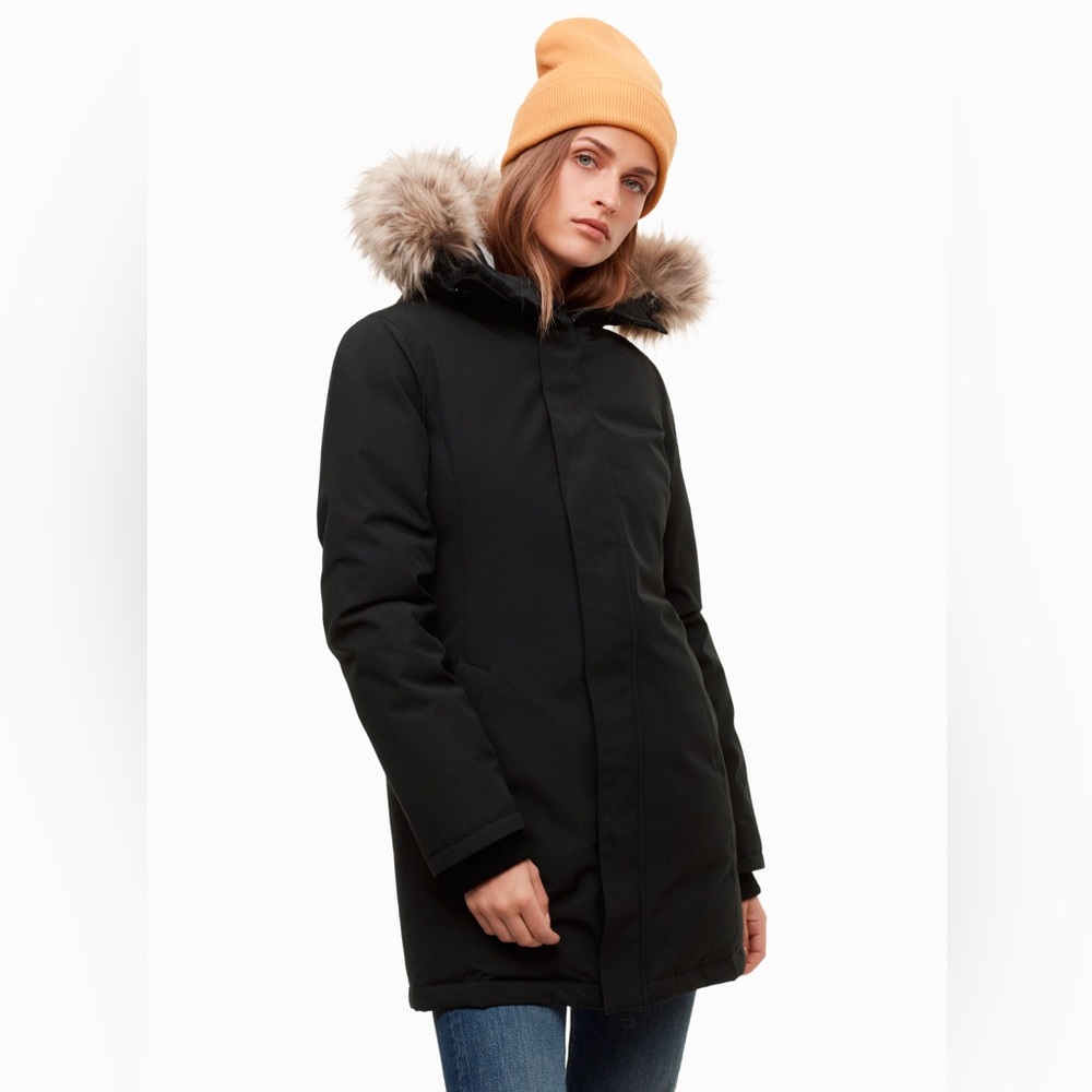 Aritzia Golden by TNA Haven Black Parka Coat with Faux Fur Hood size XS - Picture 2 of 16